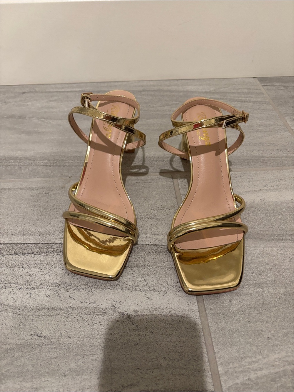 Gold Strappy Square-Toe Heels with Ankle Strap